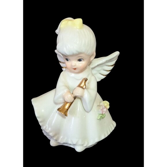 Lefton Porcelain Angel Figurine With Trumpet Gold Accents 3” White & Floral - Picture 1 of 10